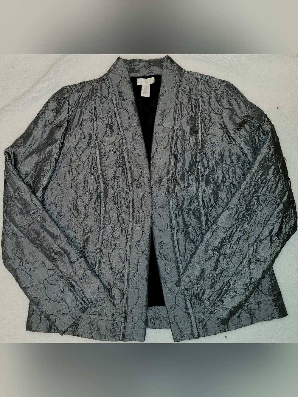 Chico’s Metallic Crinkle Open Front Jacket Blazer Silver Gray Size 0